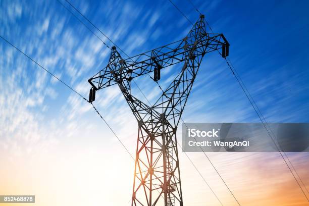 High Voltage Posthighvoltage Tower Sky Background Stock Photo - Download Image Now