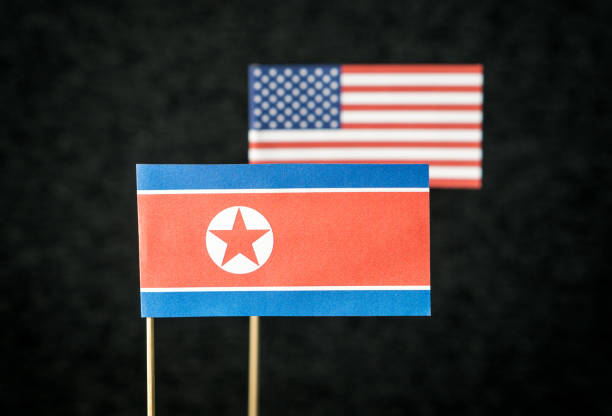 the flag of north korea and united states of america (usa) made from paper on wooden stick against dark background. - north korea hydrogen bomb korea missile imagens e fotografias de stock