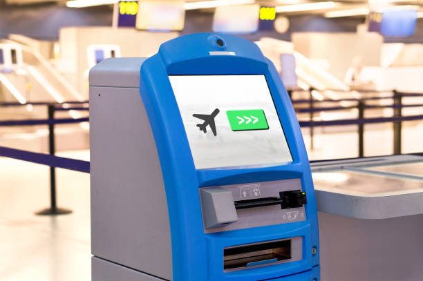 istock Self service machine and help desk kiosk at airport for check in, printing boarding pass or buying ticket. 852474920
