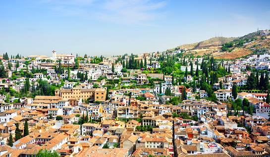 View of the Sacromonte district of the city of Granada from the Alhambra, Andalusia, Spain