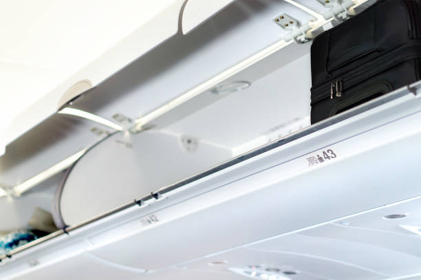 istock Overhead locker and compartment for baggage in airplane. Storage space for passengers bags and carry on luggage during flight. 852475446