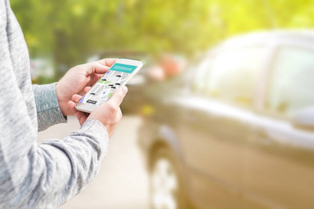 Online ride sharing and carpool mobile application. Rideshare taxi app on smartphone screen. Modern people and commuter transportation service.