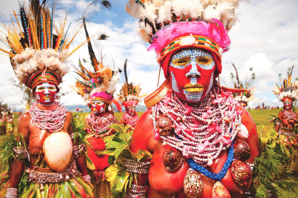 Mount Hagen: A traditional coastal tribe as seen from their shell necklaces performing at the Mt Hagen Show