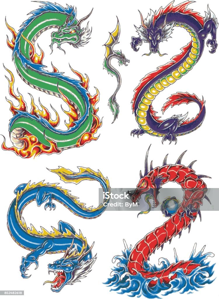 Ilustración de Color De Fondo O Tatuaje Diseño De Dragones y más Vectores  Libres de Derechos de Dragón - Dragón, Tatuaje, Blanco - Color - iStock