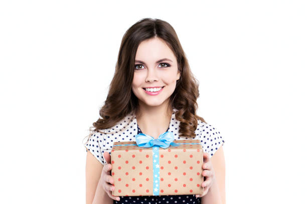 istock Smiling woman hold gift isolated. 852485278