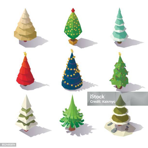 Low Poly Christmas Trees Stock Vektor Art und mehr Bilder von Isometrische Darstellung - Isometrische Darstellung, Weihnachten, Weihnachtsbaum