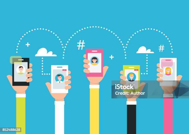 People Holding Phones In Hands Attracting Followers And Creating Internet Community Using Smart Phone Technology And Live Broadcasting Vector Illustration Stock Illustration - Download Image Now