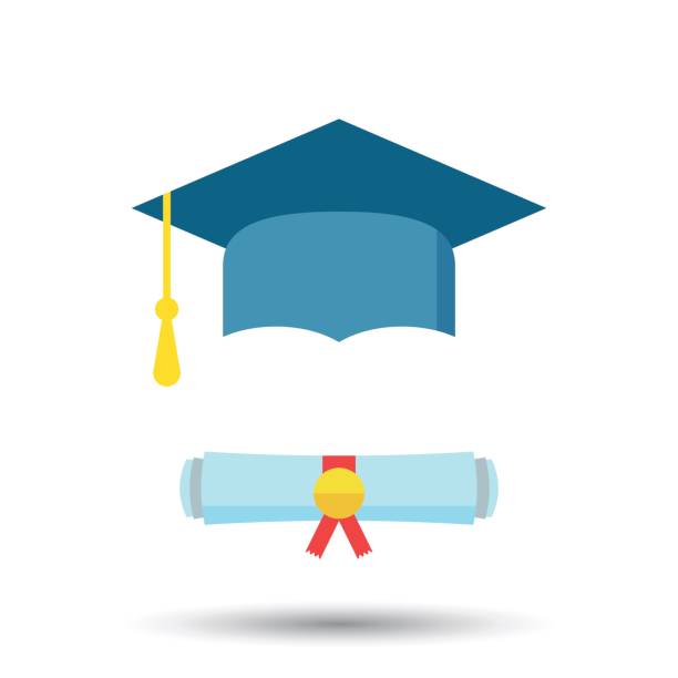 illustrations, cliparts, dessins animés et icônes de chapeau de graduation et diplôme rouleau icône illustration vectorielle dans le style plat. symbole de finition de l’éducation. élément de la célébration. chapeau de graduation colorée avec diplôme sur fond blanc. - professor