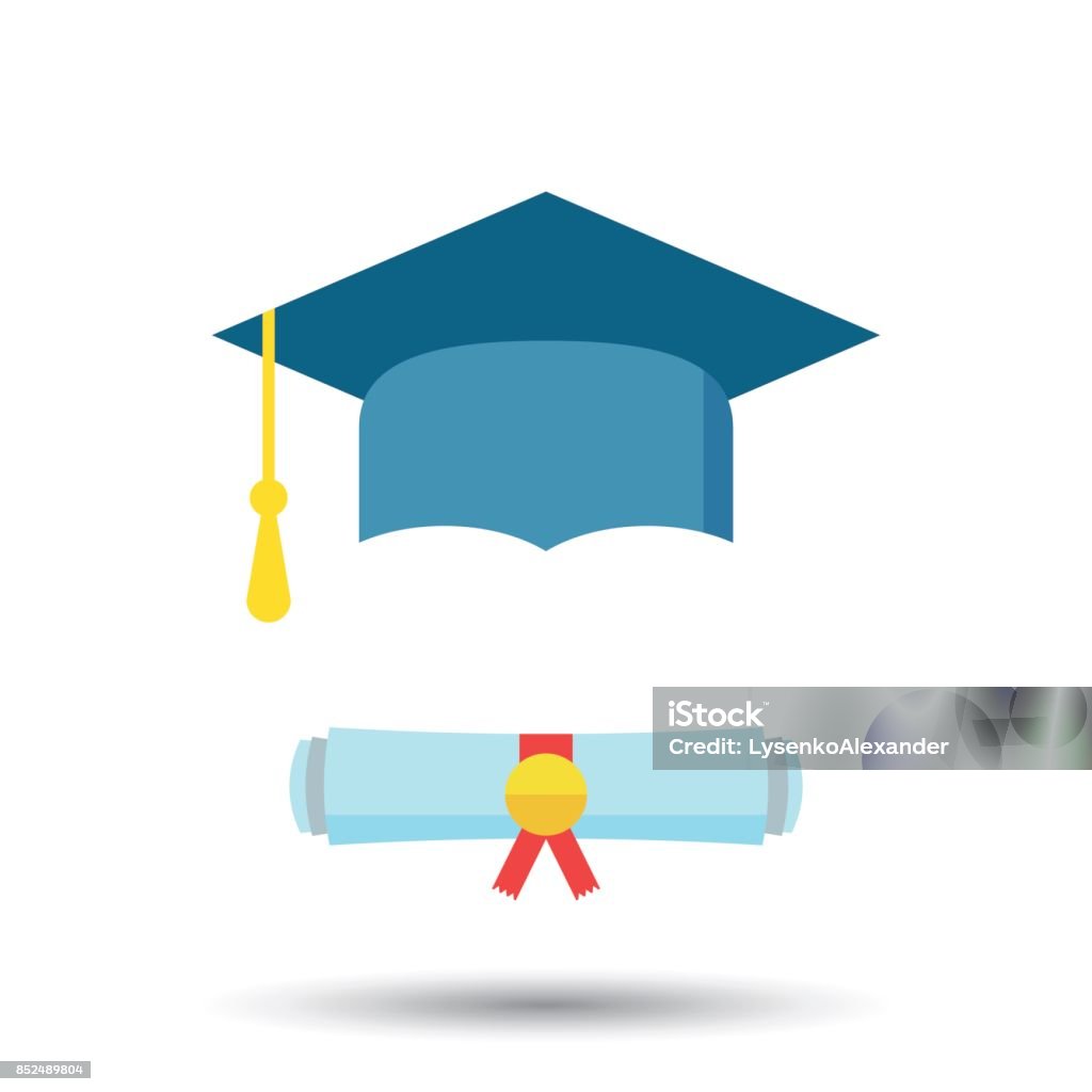 Berretto di laurea e illustrazione vettoriale icona di scorrimento diploma in stile piatto. Termina il simbolo dell'istruzione. Elemento celebrante. Berretto da laurea colorato con diploma su sfondo bianco. - arte vettoriale royalty-free di Diploma