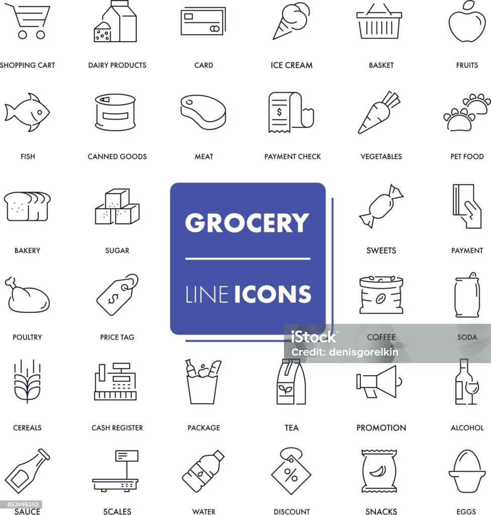 Conjunto de iconos de línea. Tienda de comestibles - arte vectorial de Ícono libre de derechos
