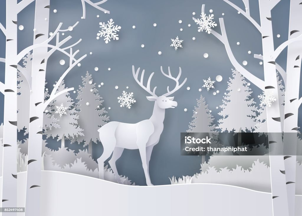 Ciervos en el bosque con nieve. - arte vectorial de Navidad libre de derechos