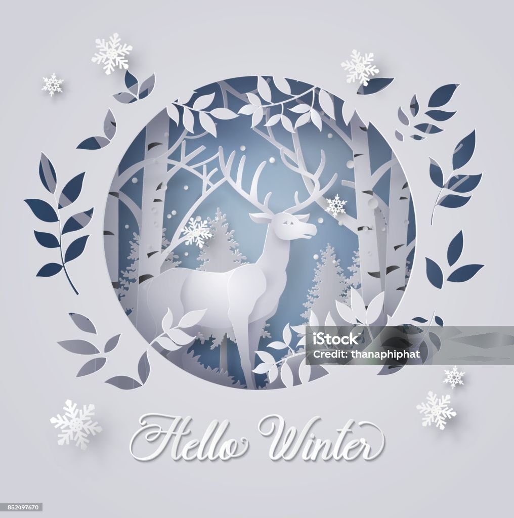 Deer in forest with snow. Illustration of winter season and Christmas day Deer in forest with snow.vector paper art style. Christmas stock vector