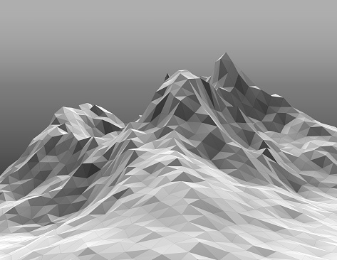 Snowy polygonal geometric mountain range black and white 3D rendering.