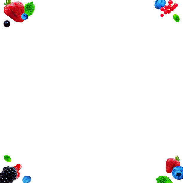 isolated berries on the corners with white background. blackberry, strawberry, red currant, blueberry fruits and mint leaves isolated on white background with clipping path - blackberry currant strawberry antioxidant imagens e fotografias de stock