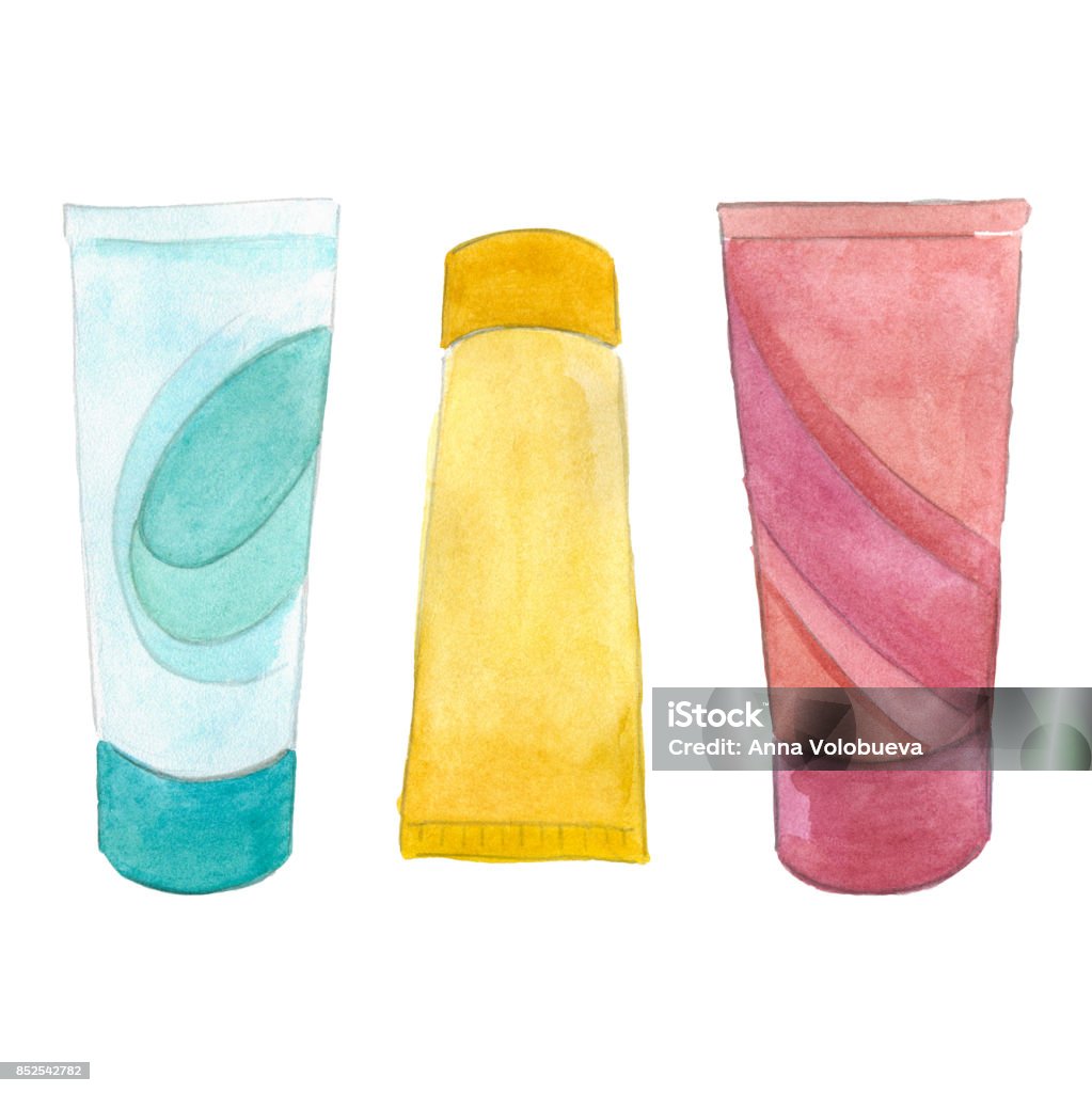 Cream tube set Cream tube set. Watercolor illustration isolated on white background Beauty stock illustration