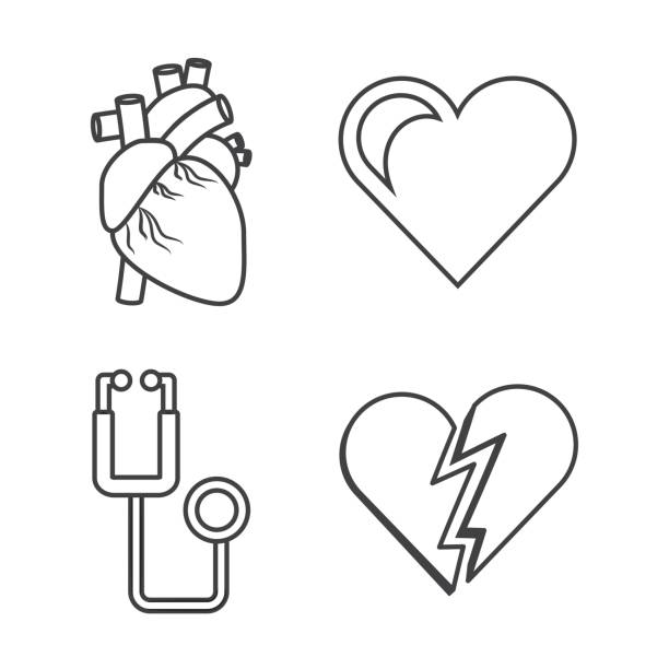 illustrazioni stock, clip art, cartoni animati e icone di tendenza di impostare le condizioni cardiache e lo strumento stetoscopio - pain heart attack heart shape healthcare and medicine