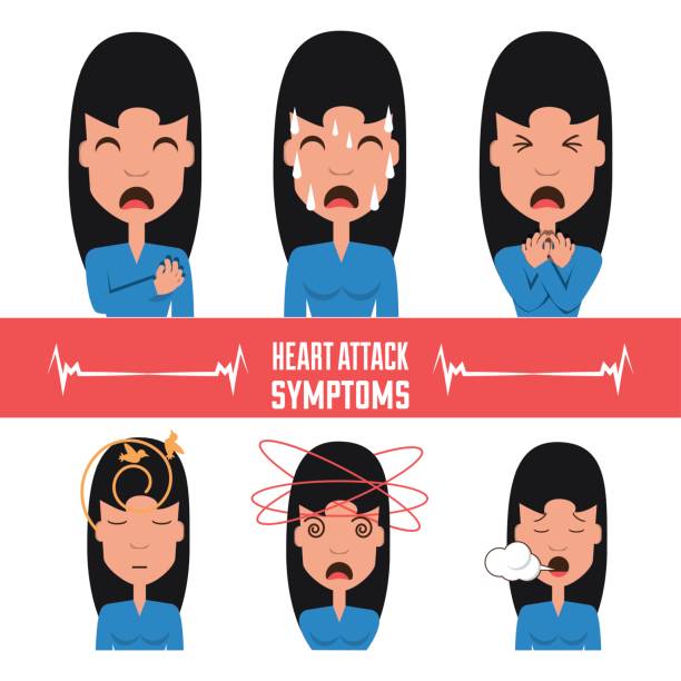 illustrazioni stock, clip art, cartoni animati e icone di tendenza di impostare sintomi di infarto donna - pain heart attack heart shape healthcare and medicine