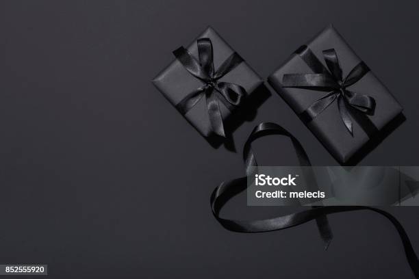 Black Friday Presents Flat Lay Stock Photo - Download Image Now - Gift, Black Friday - Shopping Event, Black Color