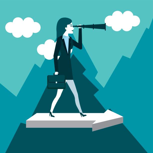 istock business woman has a telescope standing on arrow 852566408