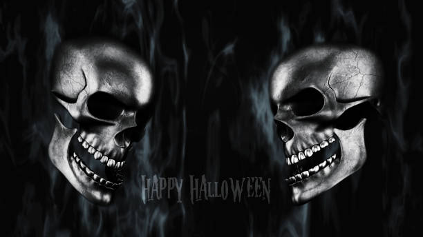 istock Happy Halloween. Human Skulls With Smoke And Fire 3D Rendering 852574666