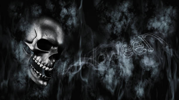 istock Happy Halloween. Human Skulls With Smoke And Fire 3D Rendering 852585078