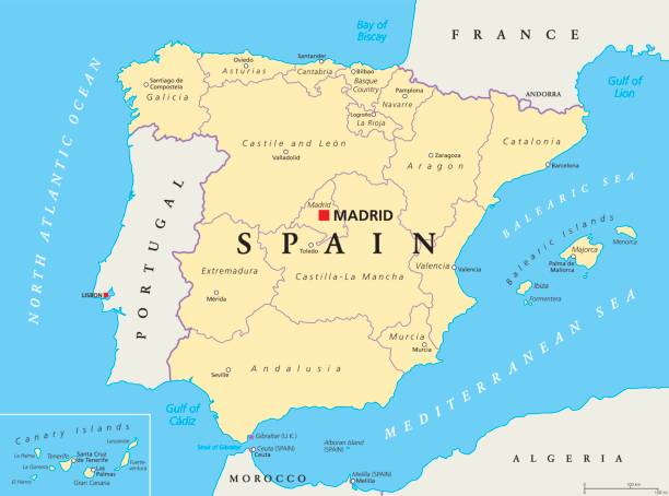 Spain political and administrative divisions map Spain administrative divisions political map. Autonomous communities and their capitals. Territorial organization, municipalities, provinces and subdivisions. English labeling. Illustration. Vector. ceuta map stock illustrations