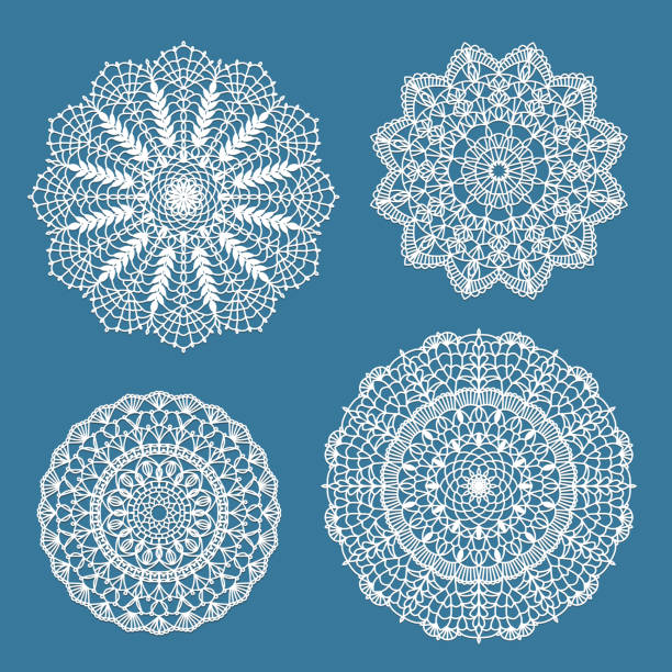 Set of crochet doilies Set of handdrawn crochet lace doilies tablecloth illustrations stock illustrations