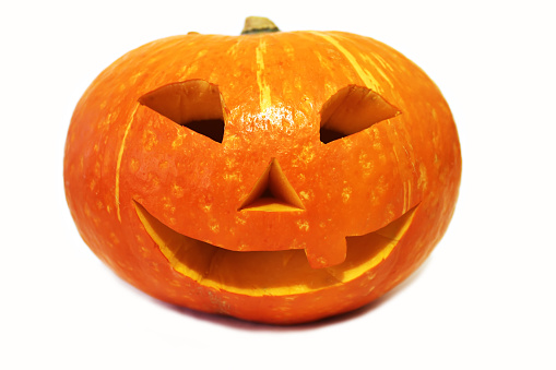 Funny smiling halloween pumpkin (Jack-o'-lantern) isolated on white background