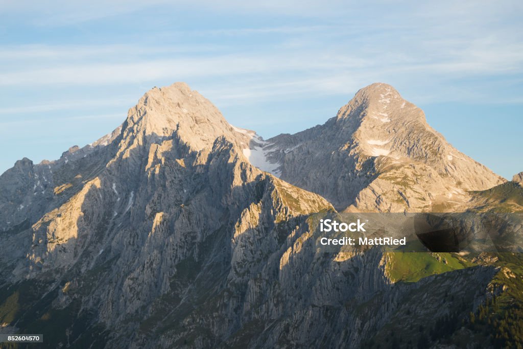 Mount Alpspitze and Mount Hochblassen in the Wetterstein mountain range near Garmisch-Partenkirchen illuminated at sunrise,Bavaria,Germany Alpspitze Stock Photo
