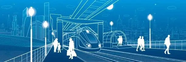 Vector illustration of Infrastructure and transport panorama. Monorail railway. People walking under flyover. Train move. Illuminated platform. Modern night city. Towers and skyscrapers. White lines. Vector design art