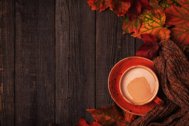istock Autumn background with hot chocolate, knitted scarf, multi-colored leaves. 852609670