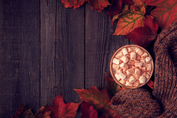 istock Autumn background with hot chocolate, knitted scarf, multi-colored leaves. 852609982
