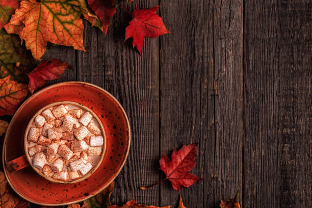 istock Autumn background with hot chocolate, knitted scarf, multi-colored leaves. 852612056