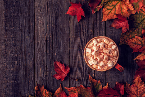 istock Autumn background with hot chocolate, knitted scarf, multi-colored leaves. 852612188