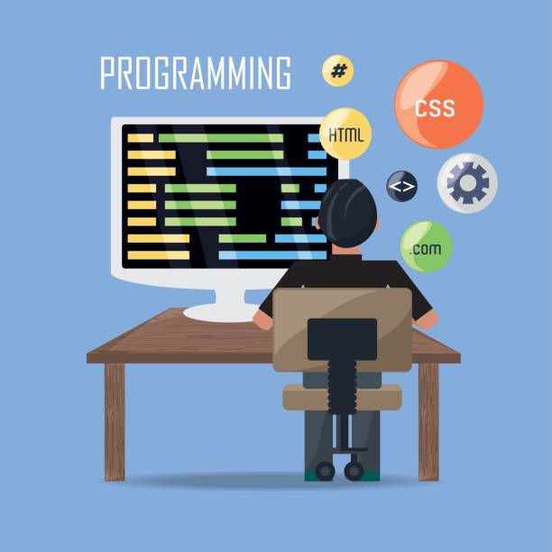 web developer working on computer programming coding web developer working on computer programming coding vector illustration java colombia stock illustrations
