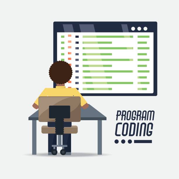 web developer working on computer programming coding web developer working on computer programming coding vector illustration java colombia stock illustrations