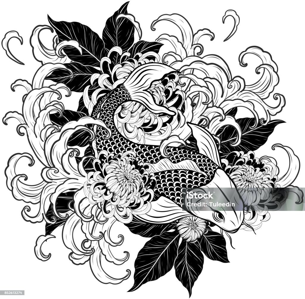 Koi Fisch und Chrysantheme Tattoo von Hand zeichnen - Lizenzfrei Tätowierung Vektorgrafik