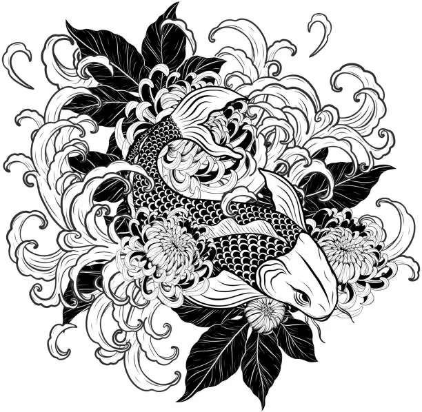 Vector illustration of Koi fish and chrysanthemum tattoo by hand drawing