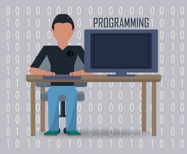 web developer working on computer programming coding web developer working on computer programming coding vector illustration java colombia stock illustrations