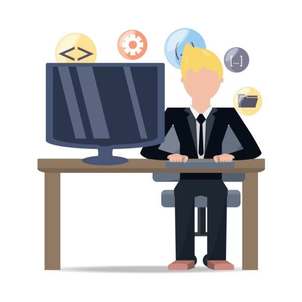 web developer working on computer programming coding web developer working on computer programming coding vector illustration java colombia stock illustrations