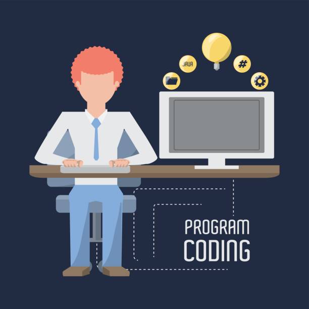 web developer working on computer programming coding web developer working on computer programming coding vector illustration java colombia stock illustrations
