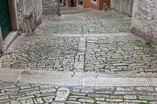 Street view with steps in the old city of Rovinj in Croatia.