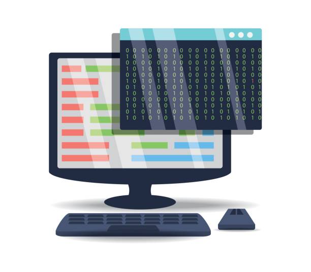 computer with programmig coding on screen computer with programmig coding on screen vector illustration java colombia stock illustrations