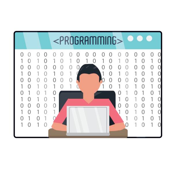 web developer working on computer programming coding web developer working on computer programming coding vector illustration java colombia stock illustrations