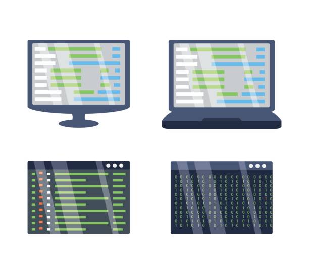 computer with programmig coding on screen computer with programmig coding on screen vector illustration java colombia stock illustrations