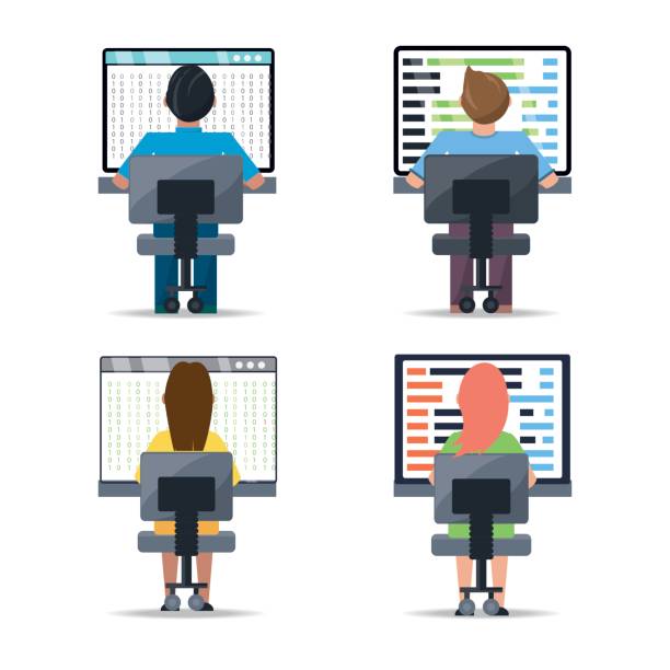 web developer working on computer programming coding web developer working on computer programming coding vector illustration java colombia stock illustrations