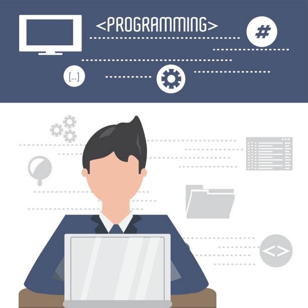 web developer working on computer programming coding web developer working on computer programming coding vector illustration java colombia stock illustrations