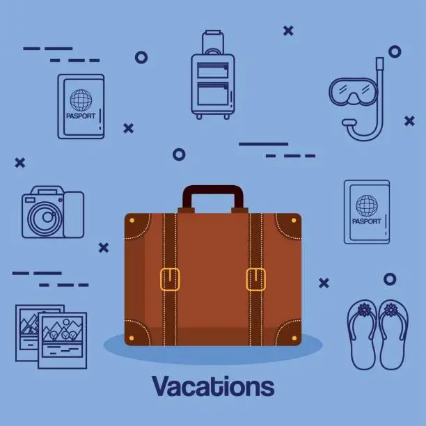 Vector illustration of suitcase and accessories travel vacations concept