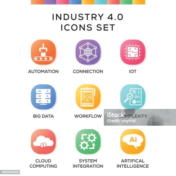 Industry 40 Icons Set On Gradient Background Stock Illustration - Download Image Now - Icon Symbol, Automated, Factory