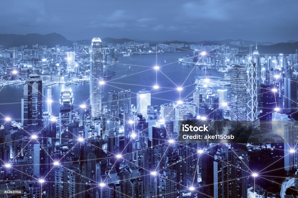 バック グラウンドで香港スマート都市景観上のネットワーク ビジネス接続システム。ネットワーク ビジネスの接続の概念 - 香港のロイヤリティフリーストックフォト